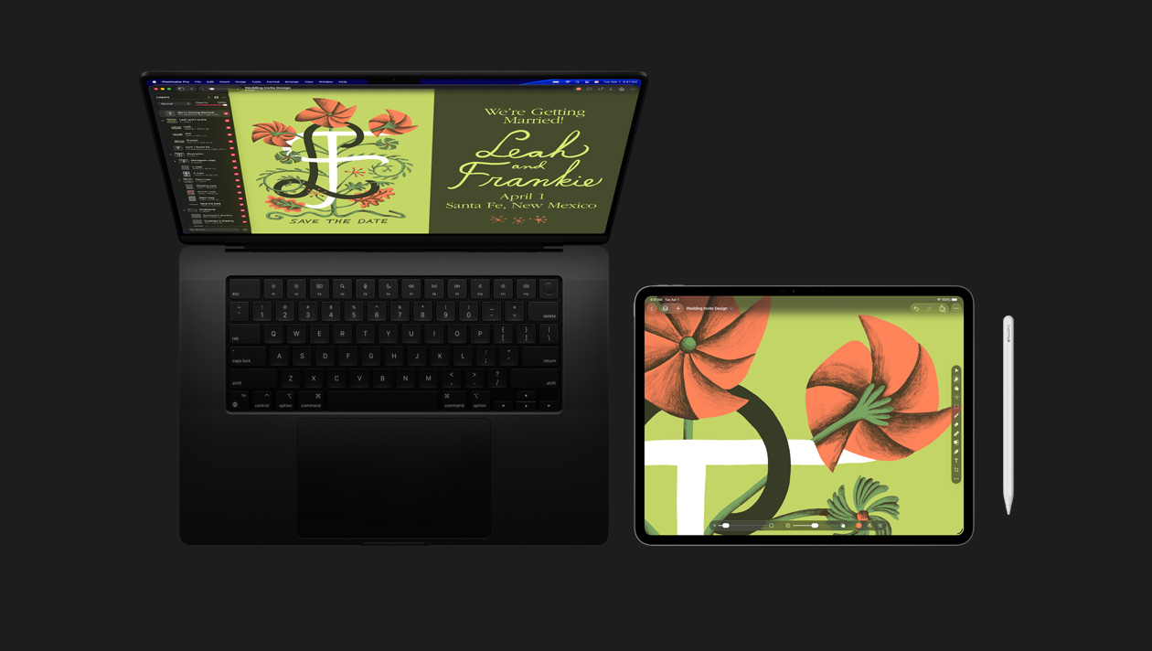 MacBook Pro 16 screen showing illustration of wedding invitation with stylized orange flower on green background and the letters L and F with save the date, iPad Pro showing an illustration of stylized orange flower on green background and tools bars, Apple Pencil sits to the right of iPad Pro