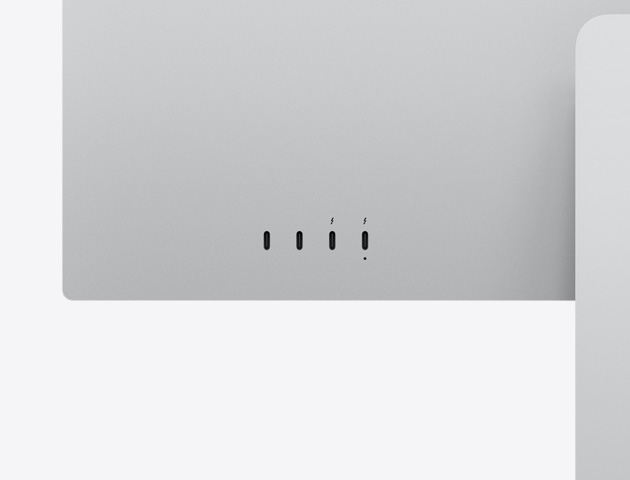 Egy Studio Display XDR hátulja közelről, kiemelve a két USB-C portot és a két Thunderbolt 5 portot