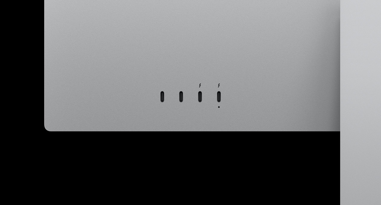 Egy Studio Display XDR hátulja közelről, kiemelve a két USB‑C portot és a két Thunderbolt 5 portot