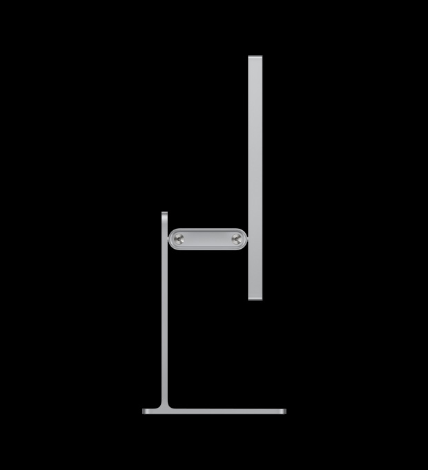 Studio Display XDR egy állítható dőlésszögű és magasságú állványon, oldalnézetből, kiemelve az ellensúlyozott kart