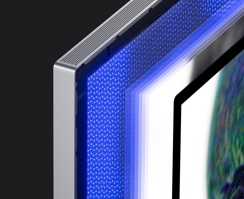 A mini-LED-eket közelről mutató kép kiemeli, ahogy a háttérvilágítást adó kis méretű LED-ek több, külön vezérelhető fényerejű zónába vannak rendezve