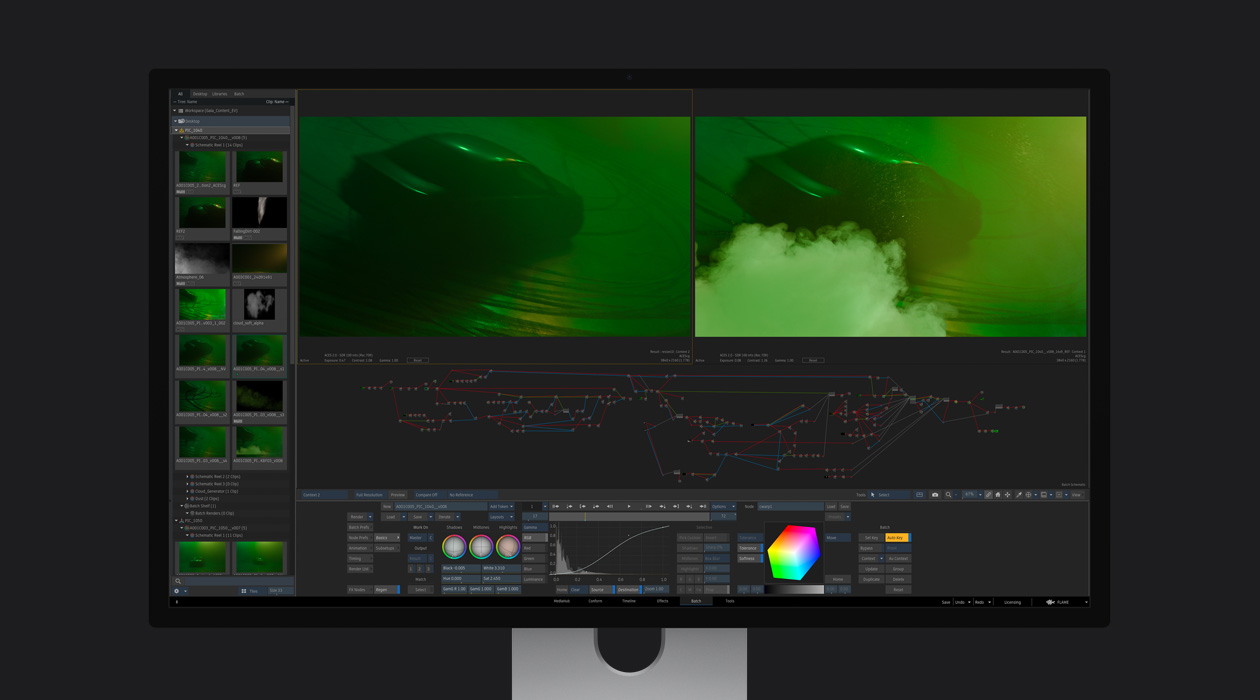 Autót ábrázoló képek egymást mellett egy vizuális effektusok készítésére szolgáló programban, a jobb oldali képhez kipufogófüstöt adtak hozzá