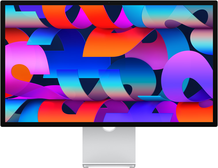 Front of Studio Display with colourful ribbon-like wallpaper