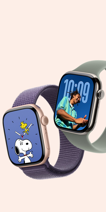 أجهزة Apple Watch Series 11، إطار ألومنيوم، لون رمادي فلكي، وإطار تيتانيوم، لون طبيعي، واجهتا الساعة Snoopy والصور، حزام Loop رياضي، لون ليلكي ضبابي، حزام Loop أحادي، لون رمادي مخضر