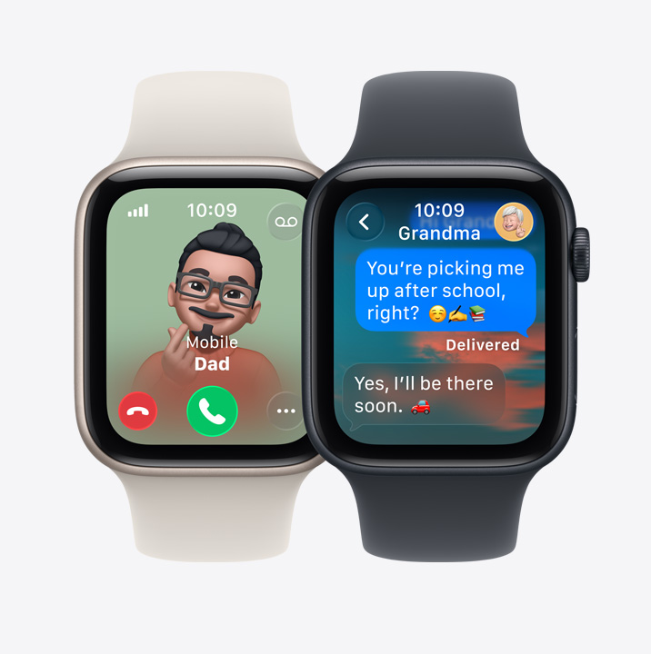 Apple Watch SE 3-enheter viser et innkommende anrop fra pappa og en iMessage-melding fra bestemor.