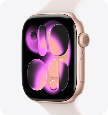 Apple Watch Series 11، إطار ألومنيوم، لون ذهبي وردي، واجهة الساعة Responsive Art، الجزء الخارجي الأيمن، التاج الرقمي، ميكروفون، زر جانبي، حزام رياضي بلون خوخي متورد
