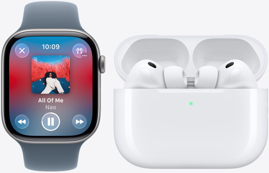 Apple Watch Series 11, Apple Music app, now playing, AirPods Pro 3, white, earbuds, silicone tips, microphone, MagSafe Charging case, open, rounded corners