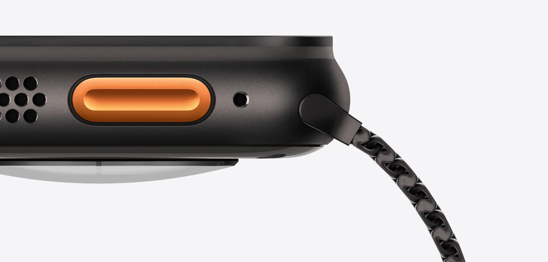 Apple Watch Ultra 3, titanium case, black color, left side exterior, speaker/air vent, Action button, microphone