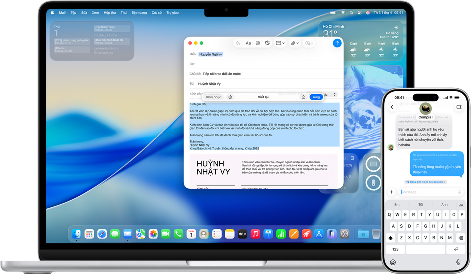 Mac showing Writing Tools and iPhone showing messages with Live Translation