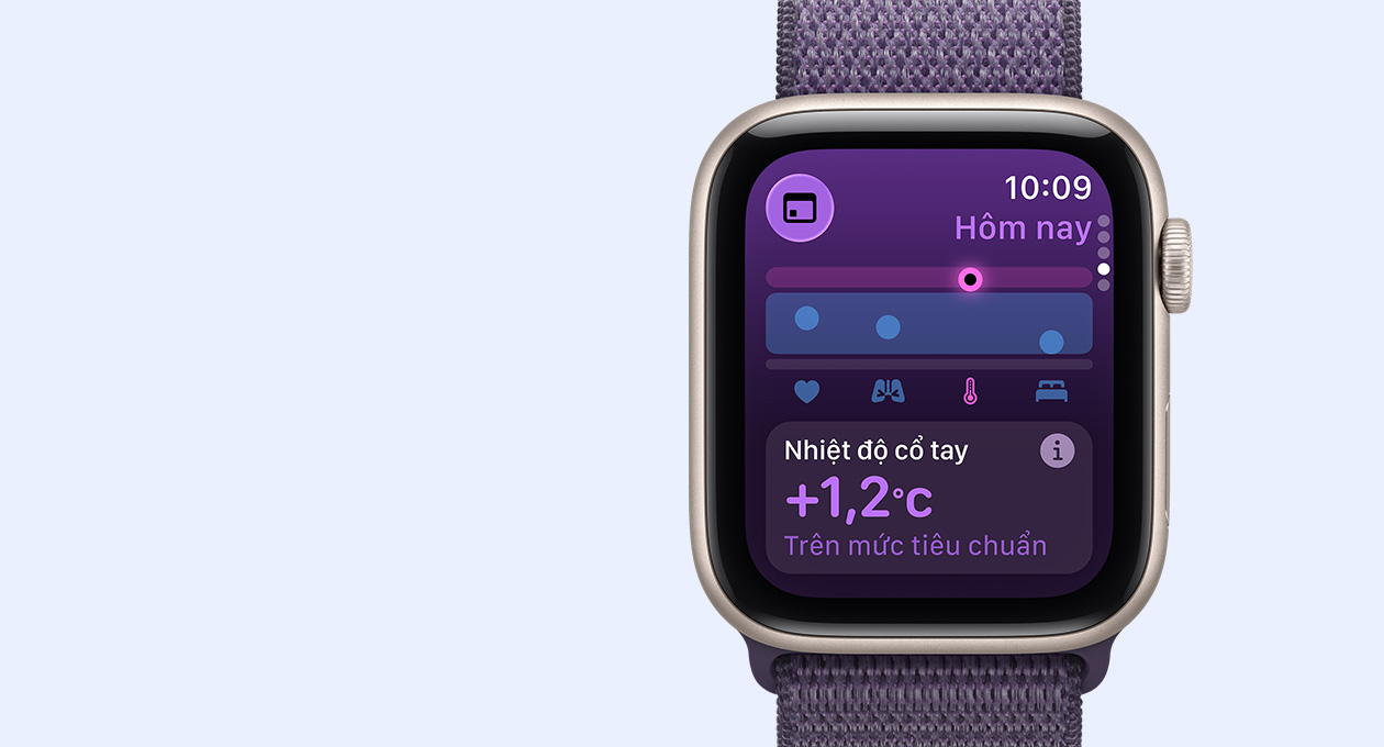 Apple Watch SE 3, vỏ nhôm, màu ánh sao, chỉ số đo nhiệt độ cổ tay, mặt ngoài bên phải, Digital Crown, dây đeo, Dây Quấn Thể Thao, màu tím sương khói