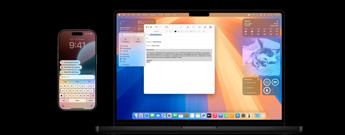 Hình ảnh iPhone và máy Mac đang hiển thị Apple Intelligence.