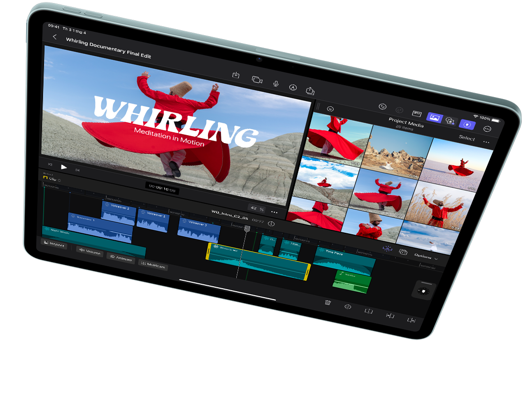 iPad&nbsp;Air nằm ngang, hiển thị tác vụ chỉnh sửa video trong Final Cut Pro