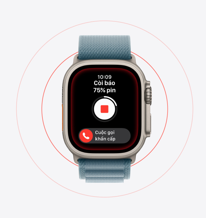 Apple Watch Ultra 3, titanium case, natural color, Siren activated, Emergency call button, Alpine Loop, anchor blue color